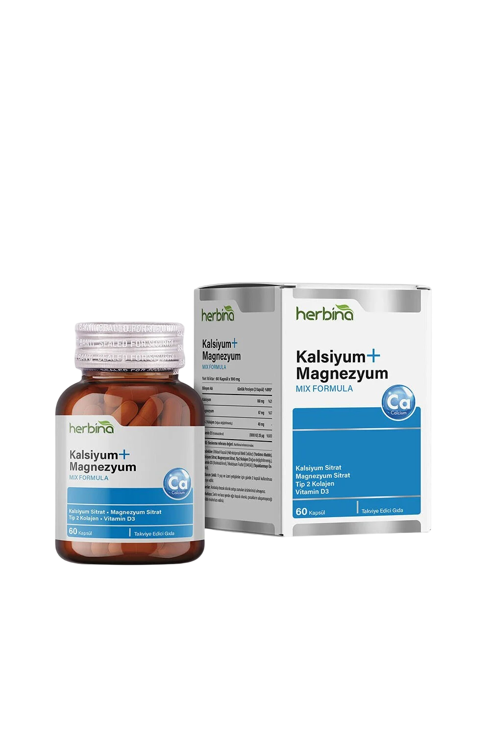 Herbina Kalsiyum Magnezyum - Tip 2 Kolajen - Vitamin D3 60 Kapsül