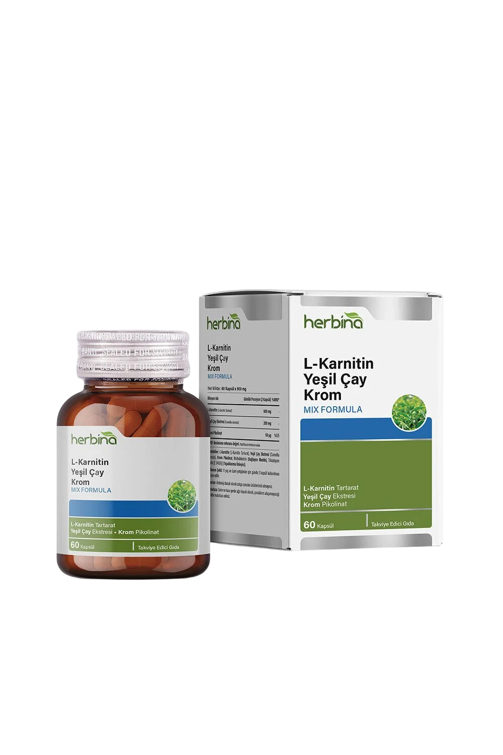Herbina L-Karnitin Yeşil Çay Krom Takviye Edici Gıda 60 Kapsül