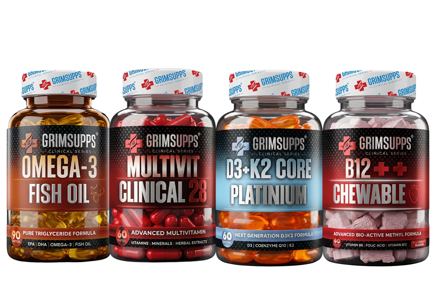 Grimsupps Omega-3 Fish Oil Trigliserid Form + Multivit Clinical 28 Multivitamin - 60 Kapsül + D3 + K2 Core Platinum + B12 Vitamin 1000 mcg Çiğnenebilir 60 Tablet