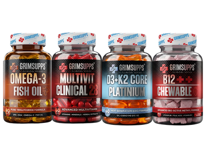 Grimsupps Omega-3 Fish Oil Trigliserid Form + Multivit Clinical 28 Multivitamin - 60 Kapsül + D3 + K2 Core Platinum + B12 Vitamin 1000 mcg Çiğnenebilir 60 Tablet